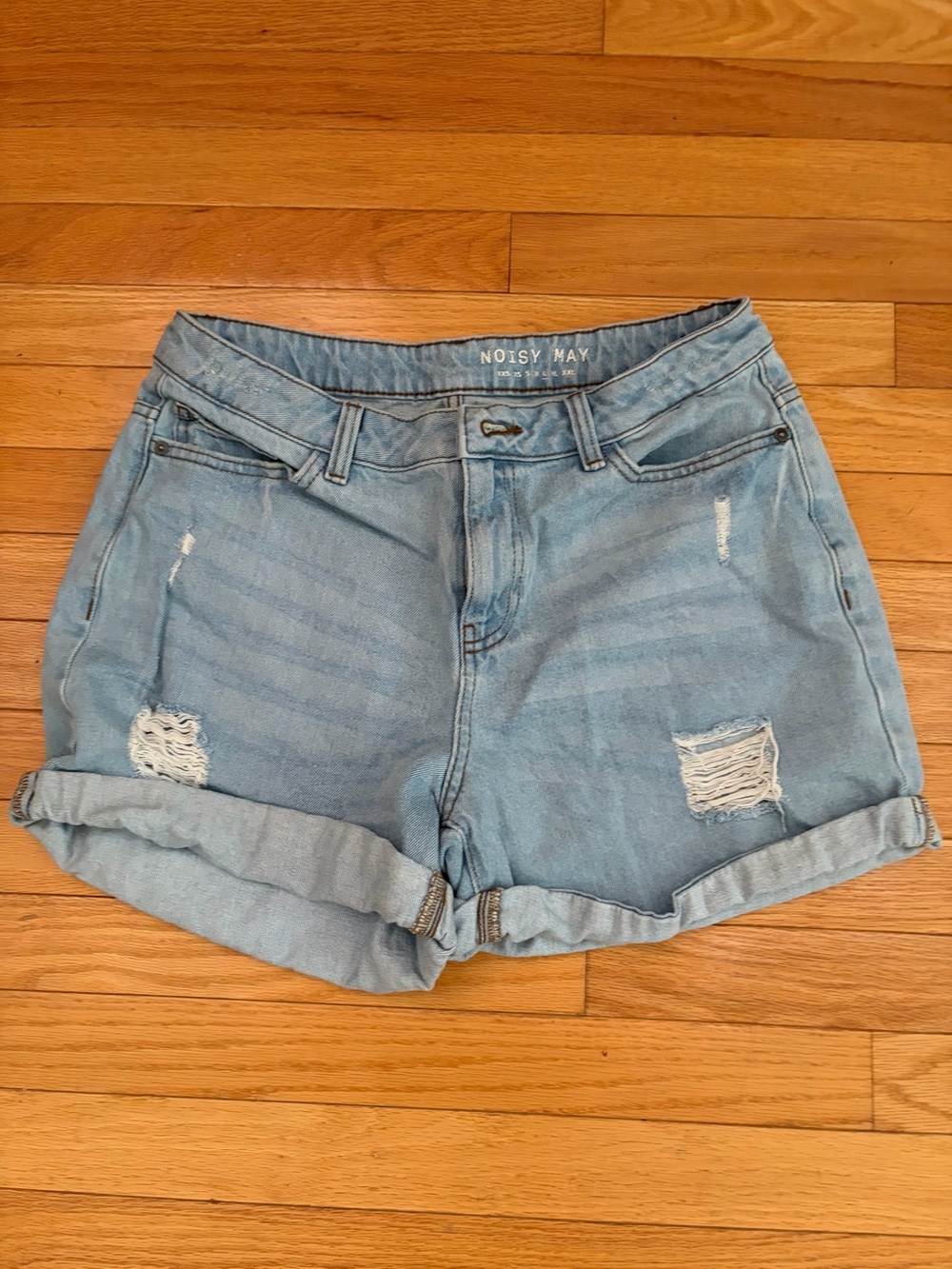 Noisy May Light Blue Distressed Denim Roll-Cuff Shorts